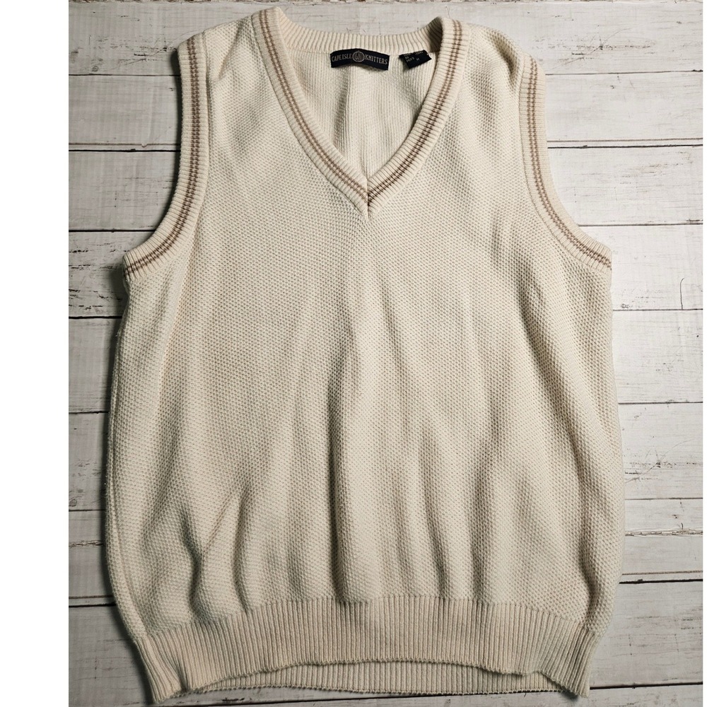 Cape Isle‎ Knitters Cream Cotton Popcorn Knit Sweater Vest V-Neck Preppy M